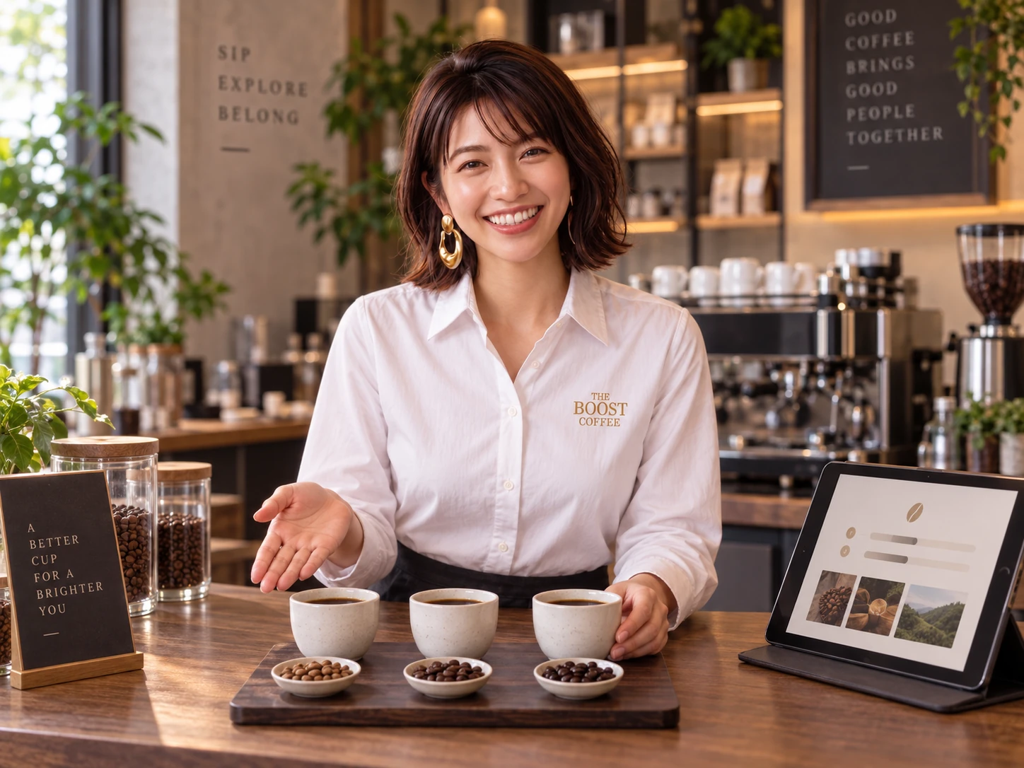 コーヒー選びを案内するThe Boost CoffeeのAIバリスタ、まや