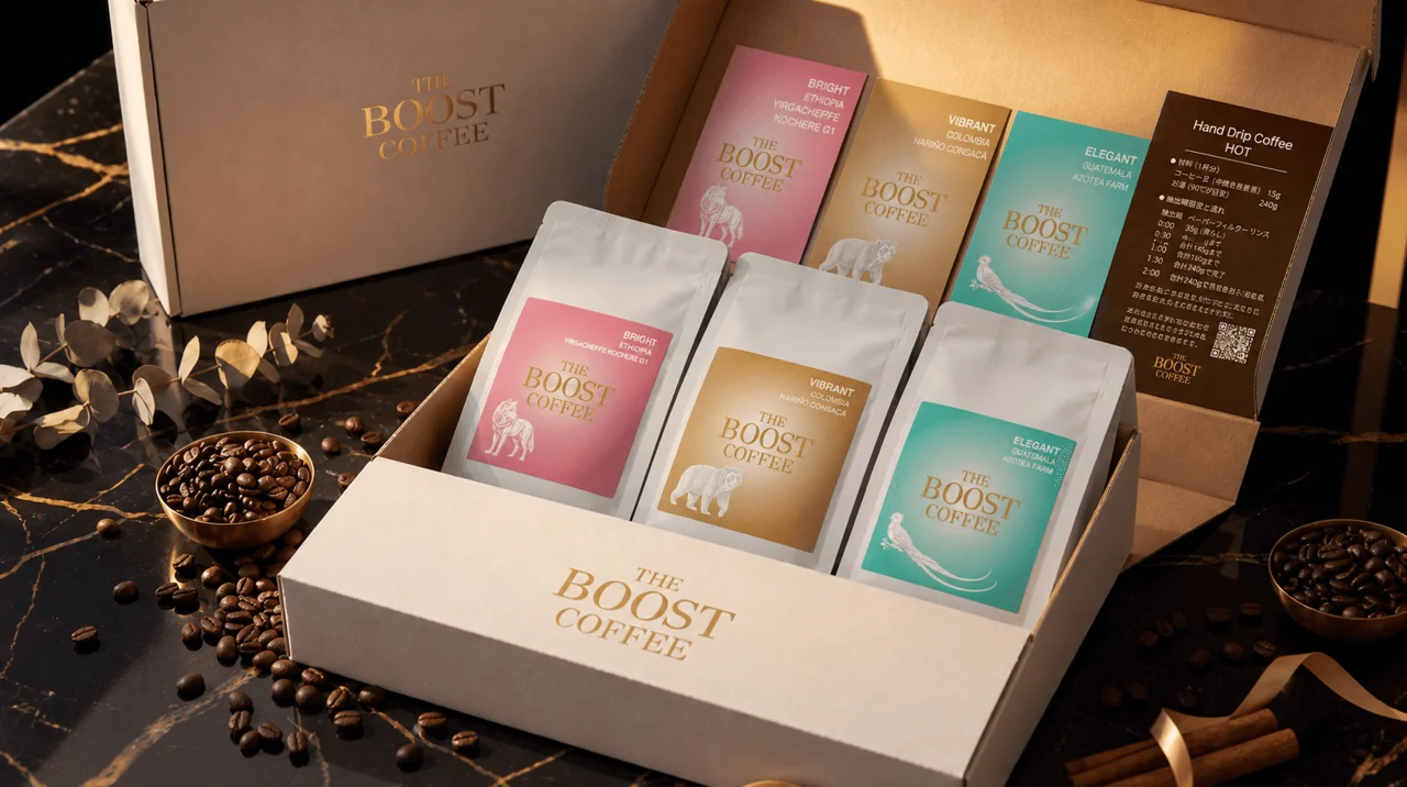 The Boost Coffeeの3種類のコーヒーとパッケージ